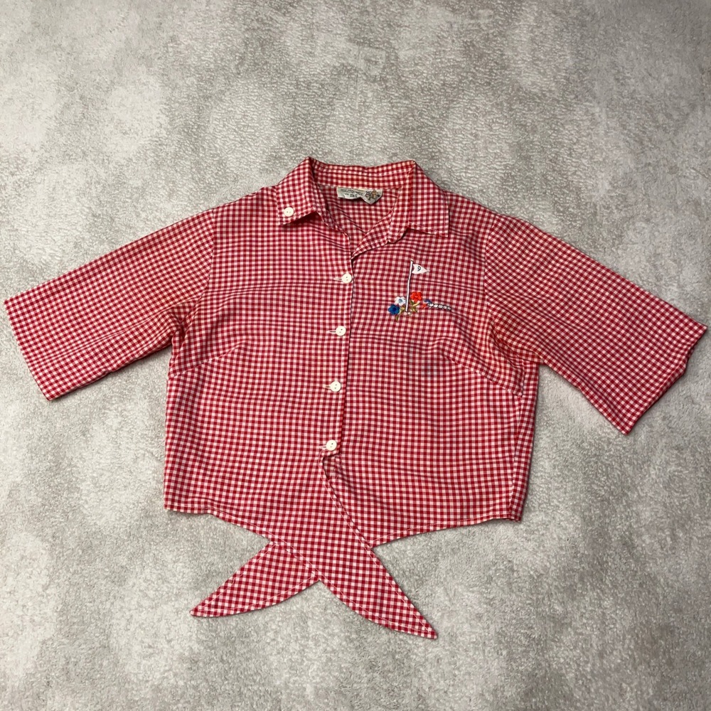 True Vintage 60s Helen Cerda Shirt Hand Embroidered Gingham Top Womens